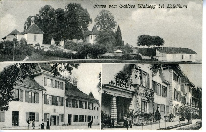 <p>Solothurn Feldbrunnen St. Nikalaus , Gruss vom Schlosss Waldegg bei Solothurn , 3 Bildkarte 1900 scwarz weiss</p>